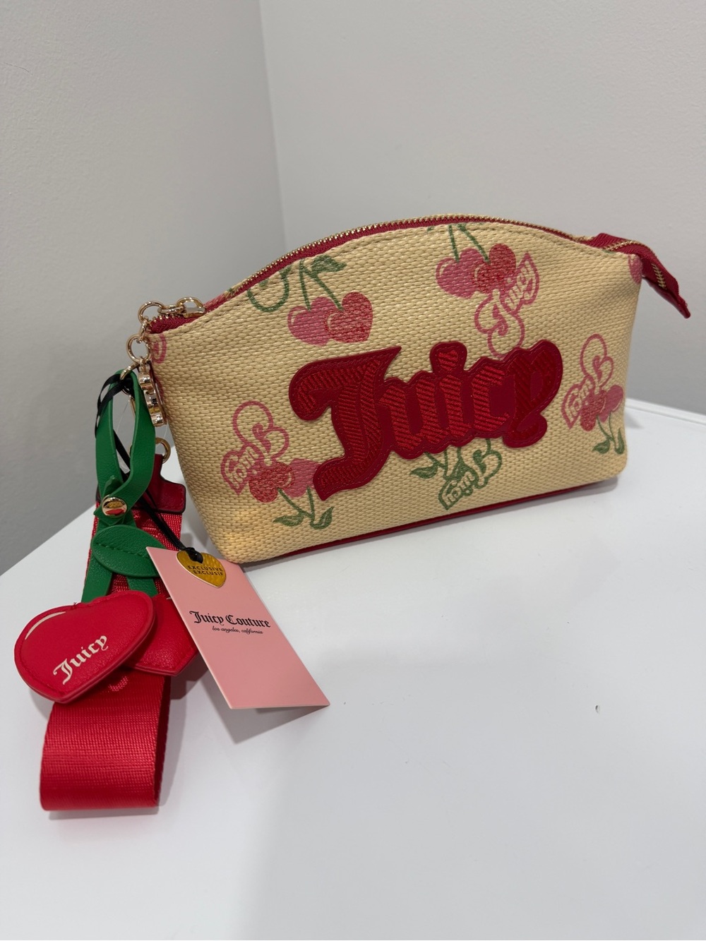 Juicy Couture Cream & Red Cherry Logo Wristlet with Detachable Strap